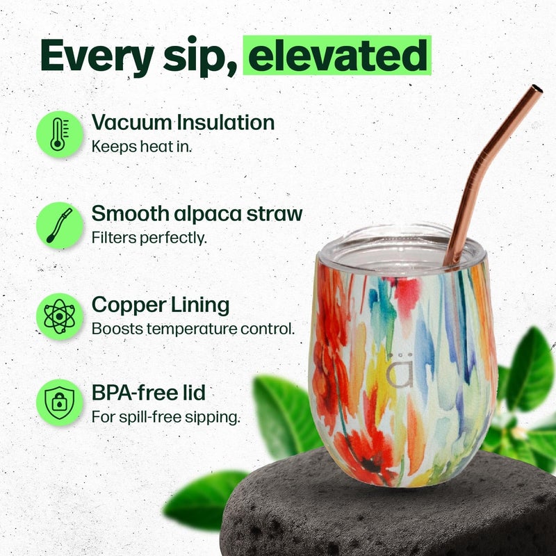 Kalmateh Yerba Mate Gourd 8 oz, Double Wall Stainless Steel Mate Cup with BPA-Free Lid, Bombilla Filter Straw & Cleaning Brush, Perfect for Hot & Cold Drinks - Flower - Image 4